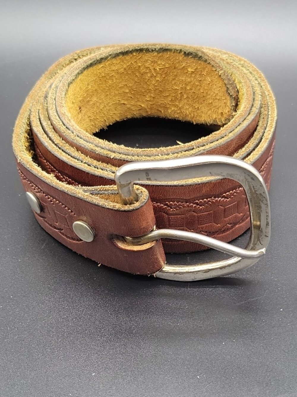 Men's Brown leather Geometric Emboss Dress Belt Adjustable Silver Buckle 52 1.5"